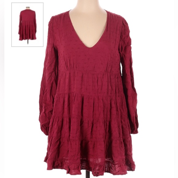 Urban Outfitters Burgundy A-line Long Sleeve Tiered Mini Dress size Small - Picture 2 of 9